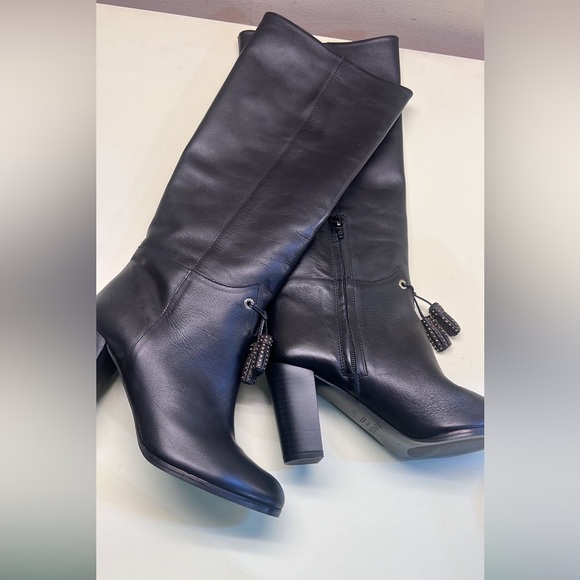 Anaki Paris Euro Leather Black Heeled Boots with Chunky Block Heel - Picture 1 of 7